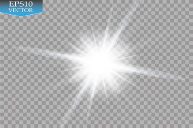 Parlak ışık efekti. Şeffaf arkaplanda parıldayan yıldız patlaması. Vektör illüstrasyonu.