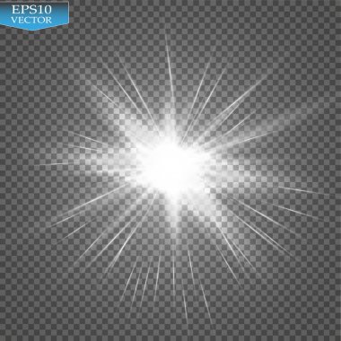 Parlak ışık efekti. Şeffaf arkaplanda parıldayan yıldız patlaması. Vektör illüstrasyonu.