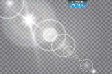 Vektör şeffaf güneş ışığı özel lens ışık efekti. Güneş ışığı ve spot ışıklarıyla parlıyor