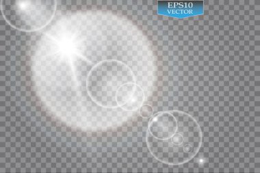 Vektör şeffaf güneş ışığı özel lens ışık efekti. Güneş ışığı ve spot ışıklarıyla parlıyor