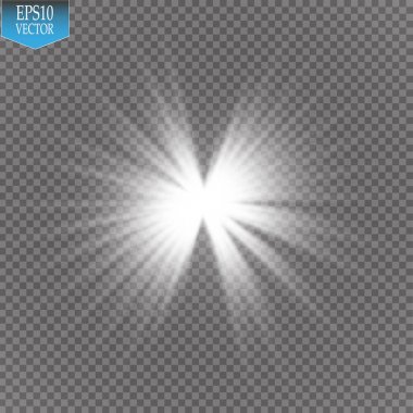 Parlak ışık efekti. Şeffaf arkaplanda parıldayan yıldız patlaması. Vektör illüstrasyonu.