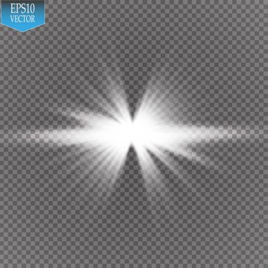 Parlak ışık efekti. Şeffaf arkaplanda parıldayan yıldız patlaması. Vektör illüstrasyonu.