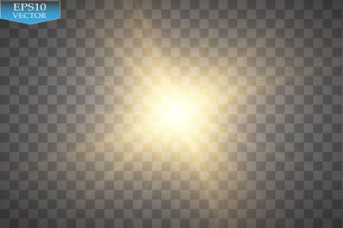 Parlak ışık efekti. Şeffaf arkaplanda parıldayan yıldız patlaması. Vektör illüstrasyonu.
