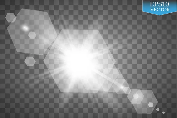 Vektor átlátszó napfény speciális lencse fáklya fényhatás. Napsugárzás sugarakkal és reflektorfénnyel — Stock Vector