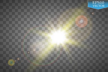 Vektör şeffaf güneş ışığı özel lens ışık efekti. Güneş ışığı ve spot ışıklarıyla parlıyor