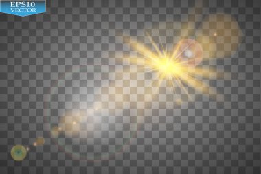 Vektör şeffaf güneş ışığı özel lens ışık efekti. Güneş ışığı ve spot ışıklarıyla parlıyor