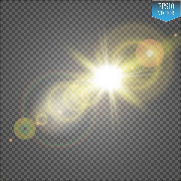 Efecto de luz de destello de lente especial de luz solar transparente vectorial. Flash de sol con rayos y proyector — Vector de stock