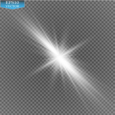 Parlak ışık efekti. Şeffaf arkaplanda parıldayan yıldız patlaması. Vektör illüstrasyonu.