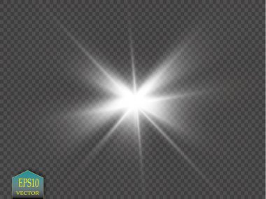 Parlak ışık efekti. Şeffaf arkaplanda parıldayan yıldız patlaması. Vektör illüstrasyonu.