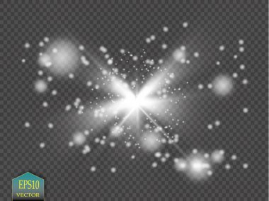 Parlak ışık efekti. Şeffaf arkaplanda parıldayan yıldız patlaması. Vektör illüstrasyonu.