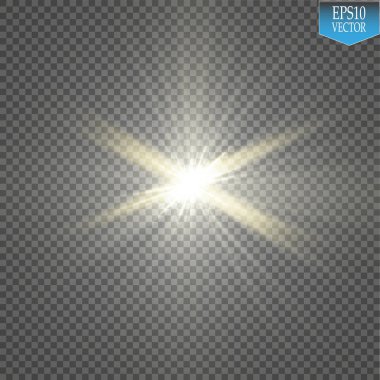 Parlak ışık efekti. Şeffaf arkaplanda parıldayan yıldız patlaması. Vektör illüstrasyonu.