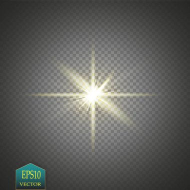 Parlak ışık efekti. Şeffaf arkaplanda parıldayan yıldız patlaması. Vektör illüstrasyonu.