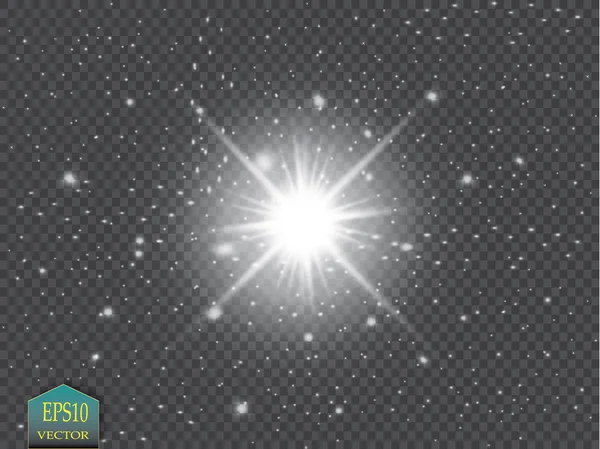 Parlak ışık efekti. Şeffaf arkaplanda parıldayan yıldız patlaması. Vektör illüstrasyonu.