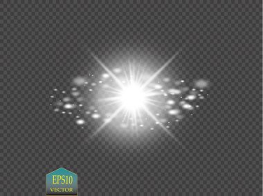Parlak ışık efekti. Şeffaf arkaplanda parıldayan yıldız patlaması. Vektör illüstrasyonu.
