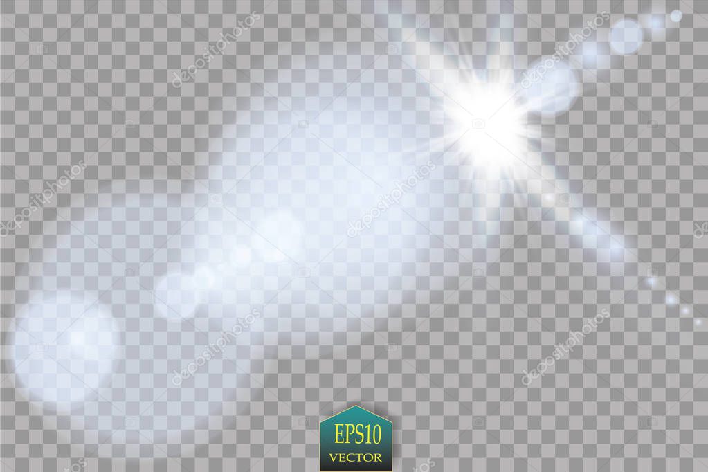 Vector transparent sunlight special lens flare light effect. Sun flash with rays and spotlight