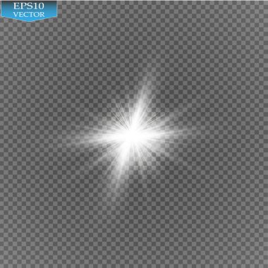 Parlak ışık efekti. Şeffaf arkaplanda parıldayan yıldız patlaması. Vektör illüstrasyonu.
