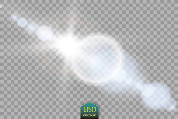 Vetor de luz solar transparente efeito de luz de erupção de lente especial. Flash solar com raios e holofotes —  Vetores de Stock