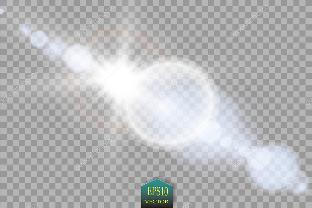 Vector transparent sunlight special lens flare light effect. Sun flash with rays and spotlight