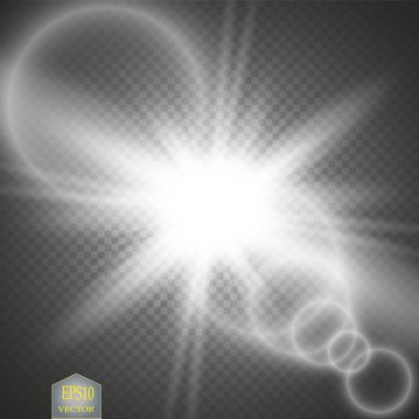 Vektör şeffaf güneş ışığı özel lens ışık efekti. Güneş ışığı ve spot ışıklarıyla parlıyor