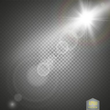 Vektör şeffaf güneş ışığı özel lens ışık efekti. Güneş ışığı ve spot ışıklarıyla parlıyor