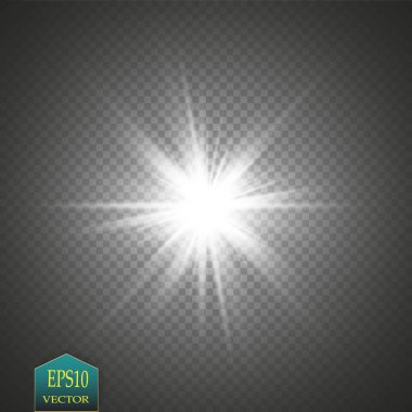 Parlak ışık efekti. Şeffaf arkaplanda parıldayan yıldız patlaması. Vektör illüstrasyonu.