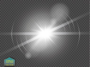 Vektör şeffaf güneş ışığı özel lens ışık efekti. Güneş ışığı ve spot ışıklarıyla parlıyor
