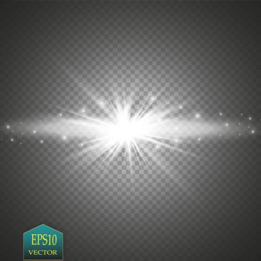 Parlak ışık efekti. Şeffaf arkaplanda parıldayan yıldız patlaması. Vektör illüstrasyonu.