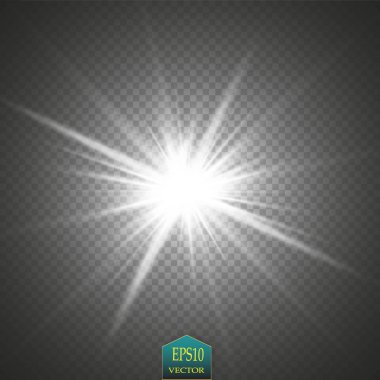Parlak ışık efekti. Şeffaf arkaplanda parıldayan yıldız patlaması. Vektör illüstrasyonu.