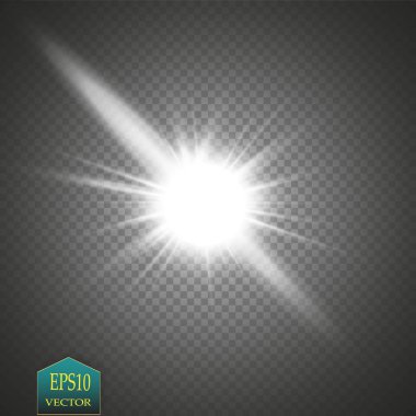 Parlak ışık efekti. Şeffaf arkaplanda parıldayan yıldız patlaması. Vektör illüstrasyonu.