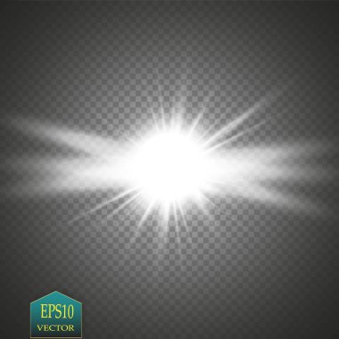 Parlak ışık efekti. Şeffaf arkaplanda parıldayan yıldız patlaması. Vektör illüstrasyonu.
