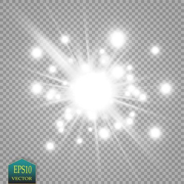 Parlak ışık efekti. Şeffaf arkaplanda parıldayan yıldız patlaması. Vektör illüstrasyonu.