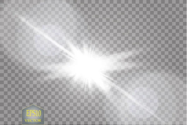 Vecteur de lumière solaire transparente effet de lumière torche lentille spéciale. Flash solaire avec rayons et projecteurs — Image vectorielle