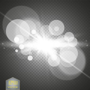 Şeffaf beyaz parlayan ışık patlaması. Işın parıltılarıyla serin efekt dekorasyonu için vektör illüstrasyonu. Parlak yıldız. Şeffaf parlak parlak parıltı, parlak alevler. Parlak desen.