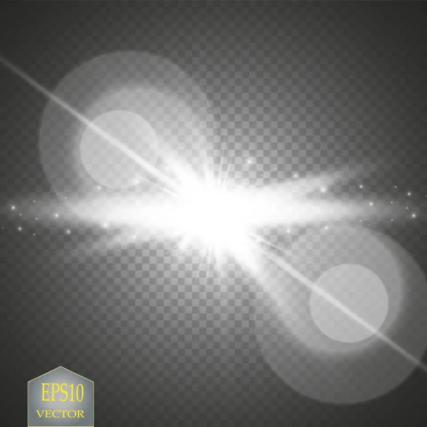 Wit gloeiend licht explosie met transparant. Vector illustratie voor koele effect decoratie met straal sprankelingen. Heldere ster. Transparante glans gradiënt glitter, heldere vlam. Glanzende textuur. — Stockvector