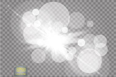 Şeffaf beyaz parlayan ışık patlaması. Işın parıltılarıyla serin efekt dekorasyonu için vektör illüstrasyonu. Parlak yıldız. Şeffaf parlak parlak parıltı, parlak alevler. Parlak desen.