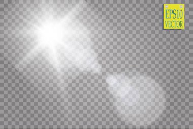 Vektör şeffaf güneş ışığı özel lens ışık efekti. Güneş ışığı ve spot ışıklarıyla parlıyor