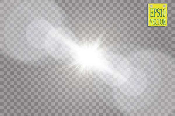 Vetor de luz solar transparente efeito de luz de erupção de lente especial. Flash solar com raios e holofotes —  Vetores de Stock