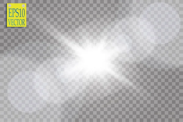 Vecteur de lumière solaire transparente effet de lumière torche lentille spéciale. Flash solaire avec rayons et projecteurs — Image vectorielle