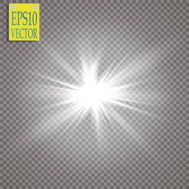 Parlak ışık efekti. Şeffaf arkaplanda parıldayan yıldız patlaması. Vektör illüstrasyonu.