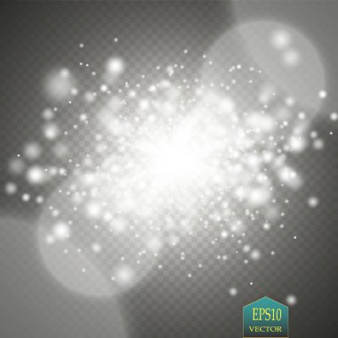 Şeffaf beyaz parlayan ışık patlaması. Işın parıltılarıyla serin efekt dekorasyonu için vektör illüstrasyonu. Parlak yıldız. Şeffaf parlak parlak parıltı, parlak alevler. Parlak desen.