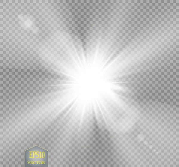 Luce solare trasparente vettoriale effetto luce di brillamento speciale lente. Sole flash con raggi e riflettori — Vettoriale Stock