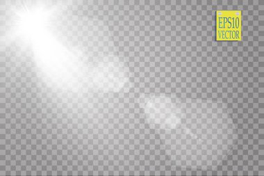 Vektör şeffaf güneş ışığı özel lens ışık efekti. Güneş ışığı ve spot ışıklarıyla parlıyor