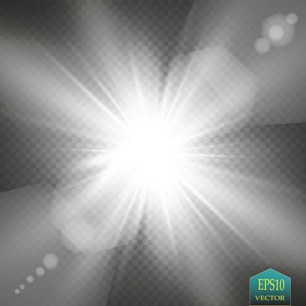ベクトル透明太陽光特殊レンズフレアライト効果。光線とスポットライト付きの太陽のフラッシュ — ストックベクタ