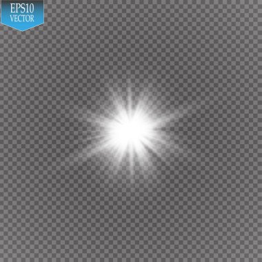 Parlak ışık efekti. Şeffaf arkaplanda parıldayan yıldız patlaması. Vektör illüstrasyonu.