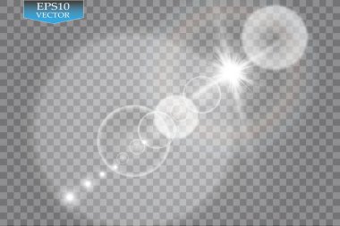 Vektör şeffaf güneş ışığı özel lens ışık efekti. Güneş ışığı ve spot ışıklarıyla parlıyor