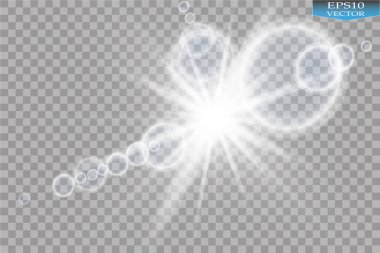 Vektör şeffaf güneş ışığı özel lens ışık efekti. Güneş ışığı ve spot ışıklarıyla parlıyor