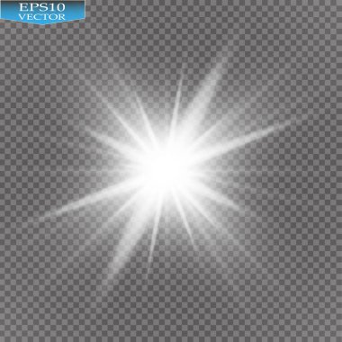 Parlak ışık efekti. Şeffaf arkaplanda parıldayan yıldız patlaması. Vektör illüstrasyonu.