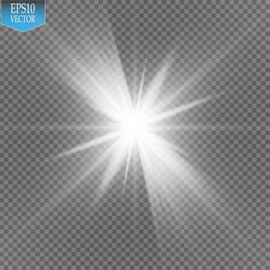 Parlak ışık efekti. Şeffaf arkaplanda parıldayan yıldız patlaması. Vektör illüstrasyonu.
