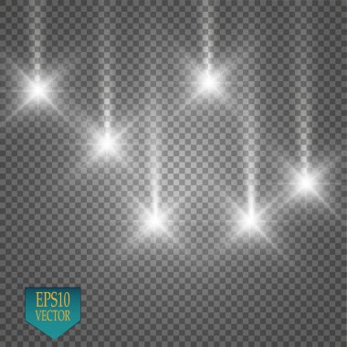 Vektör yağmur kuyruklu yıldızlar şeffaf arka plan üzerinde izole. Işıklar. Sihirli kavramı. Vektör beyaz glitter dalga soyut çizim. Beyaz yıldız tozu izole köpüklü parçacıkları izi. Vektör