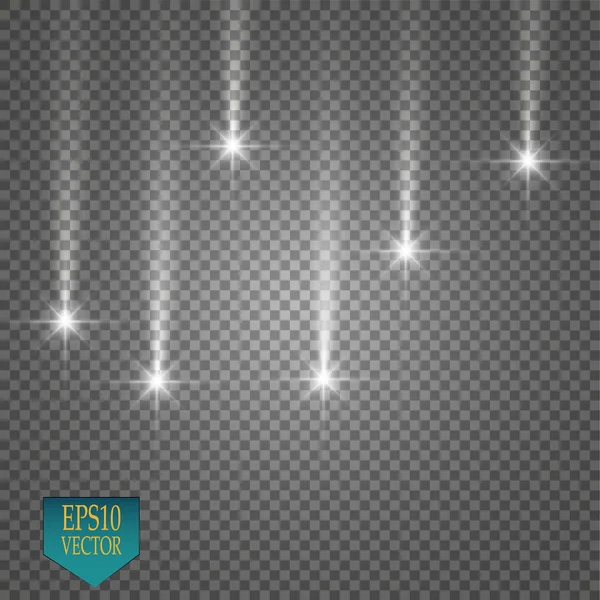 Cometas de lluvia vectoriales aislados sobre fondo transparente. Luces. Concepto mágico. Ilustración abstracta de onda de brillo blanco vectorial. Huella de polvo de estrella blanca partículas brillantes aisladas. Vector — Vector de stock